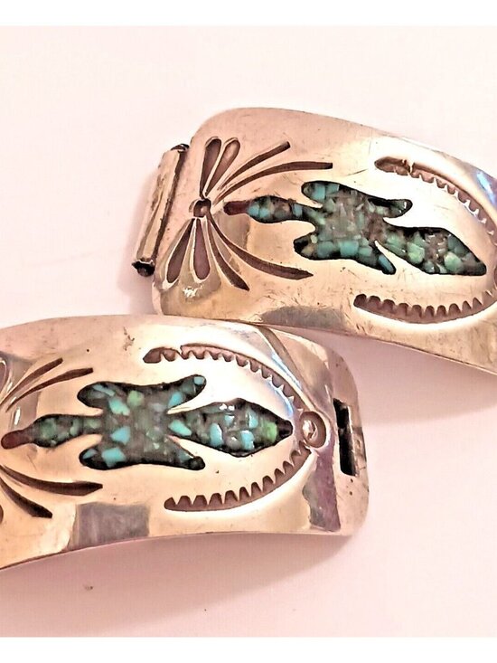 Vintage Signed Sterling Silver Stamped Turquoise Chip Bird Watch Tips (1474) - Picture 1 of 3